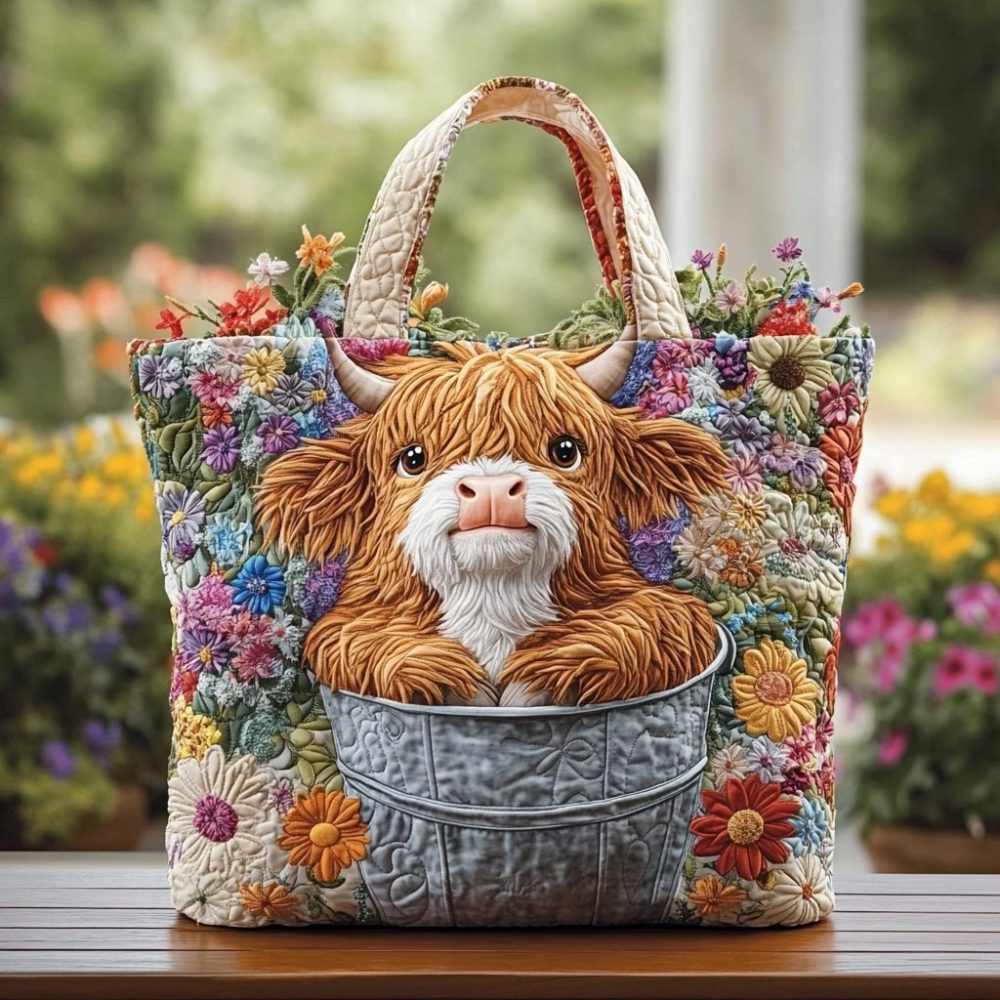 Highland Cow Meadow Quilted Tote Bag
