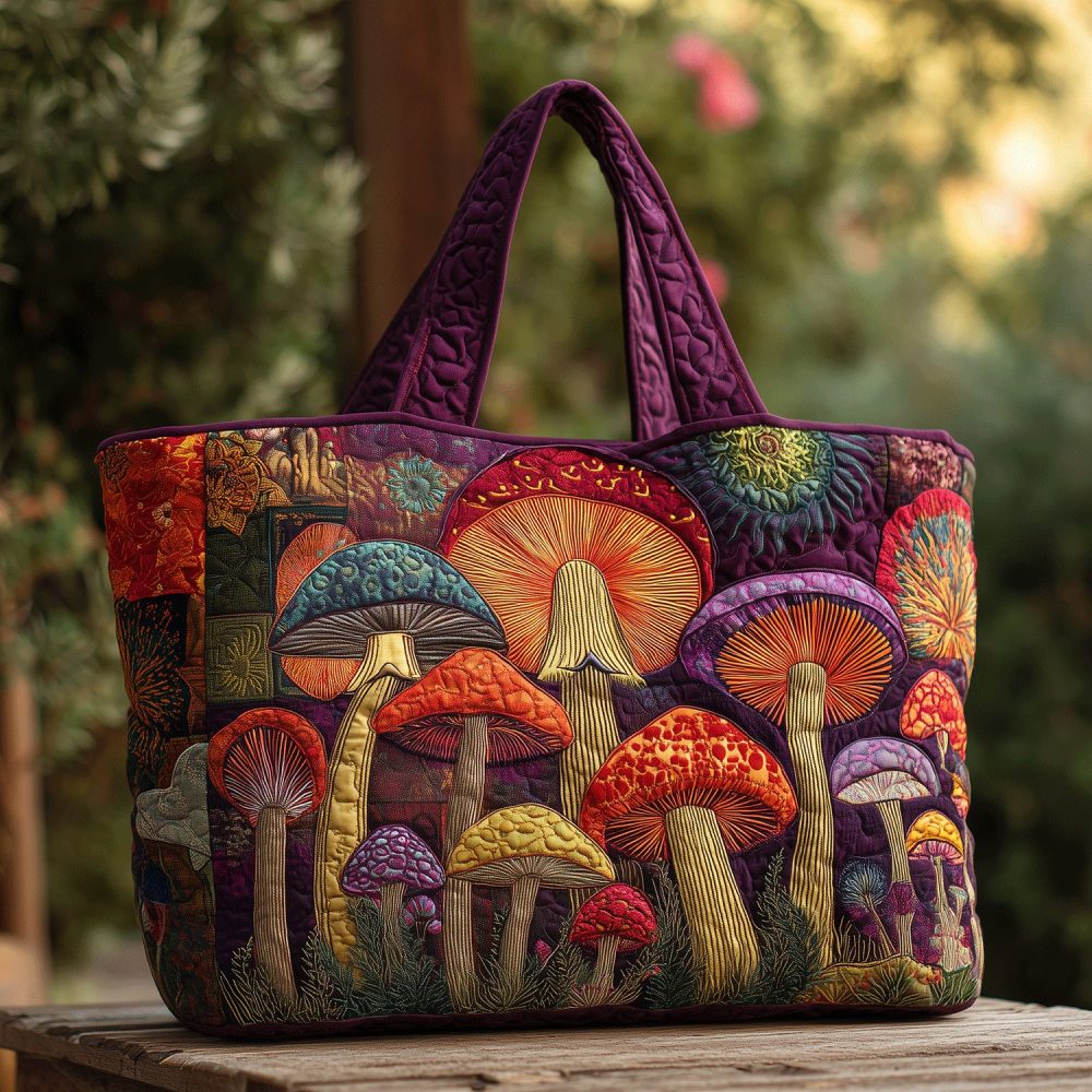 Hippie Mushroom Dreams Quilted Tote Bag