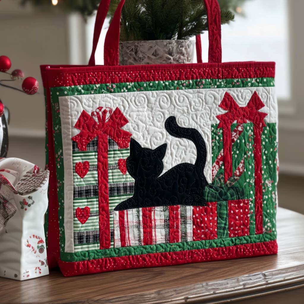 Holiday Cat Quilted Tote Bag