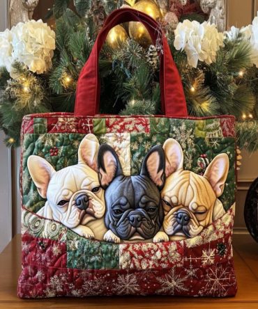 Holiday Frenchie Quilted Tote Bag