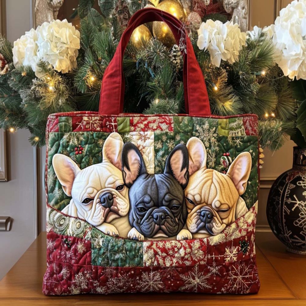 Holiday Frenchie Quilted Tote Bag