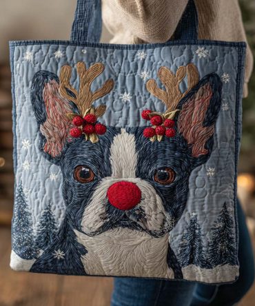 Holiday Reindeer Boston Terrier Quilted Tote Bag