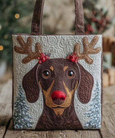 Holiday Reindeer Dachshund Quilted Tote Bag