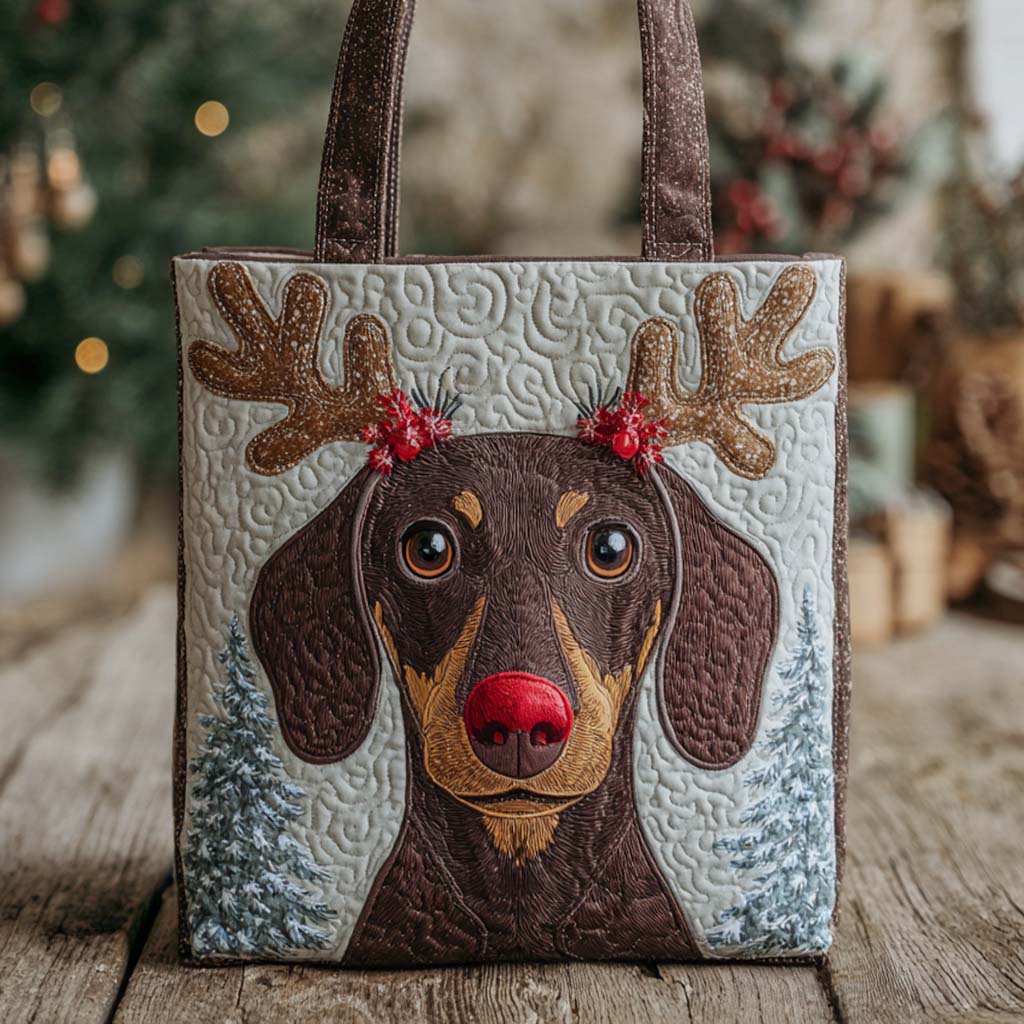 Holiday Reindeer Dachshund Quilted Tote Bag