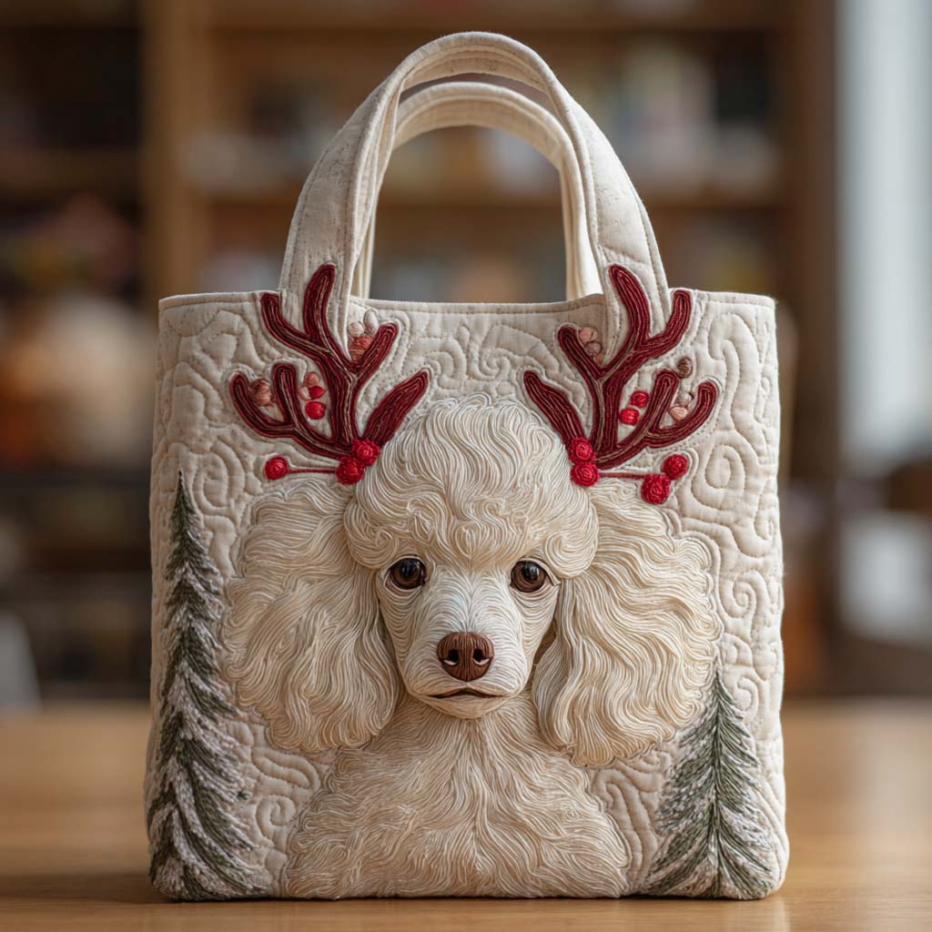 Holiday Reindeer Poodle White Quilted Tote Bag