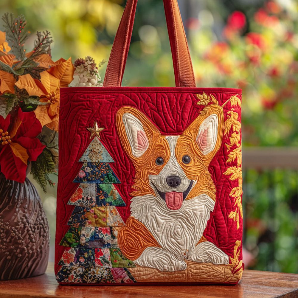 Holly Jolly Corgi Quilted Tote Bag