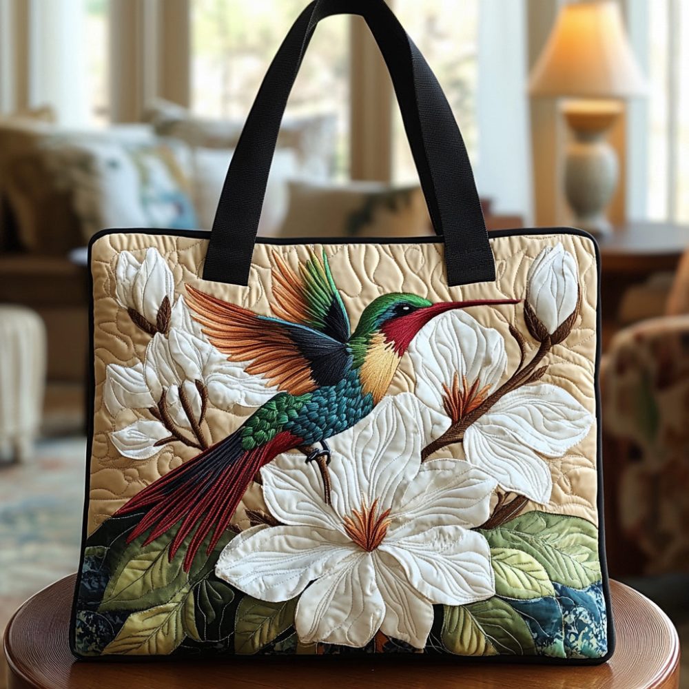 Hummingbird Bloom Quilted Tote Bag