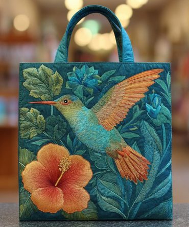 Hummingbird Hibiscus Quilted Tote Bag