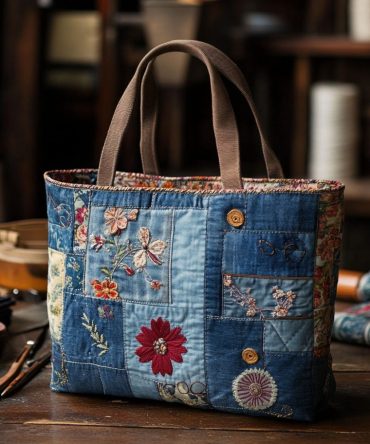 Indigo Flowers Quilted Tote Bag