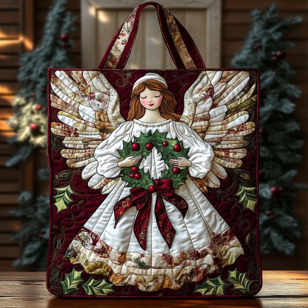 Joyful Angel Wreath Quilted Tote Bag