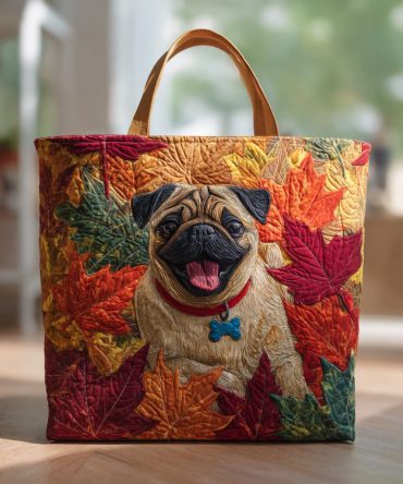Leaf Pile Pug Quilted Tote Bag