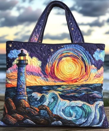 Lighthouse Sunset Quilted Tote Bag