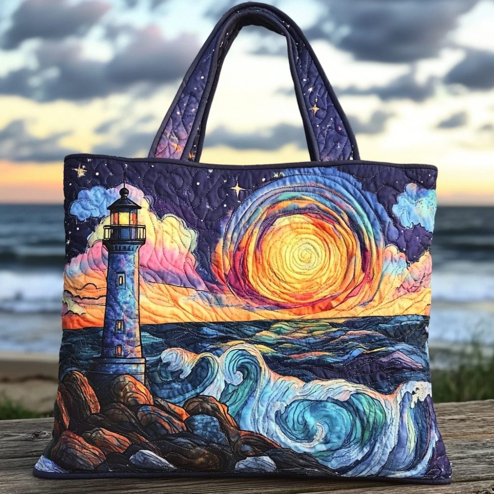 Lighthouse Sunset Quilted Tote Bag
