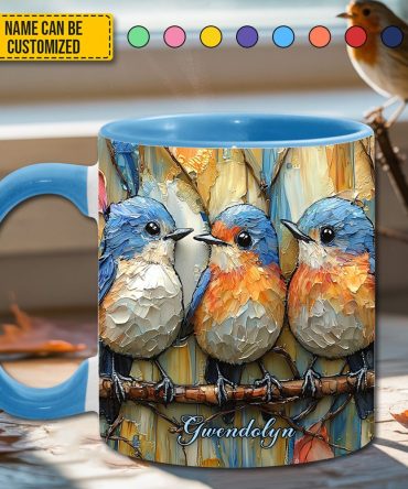 Row Of Bluebirds - Personalized Bird Accent Mug