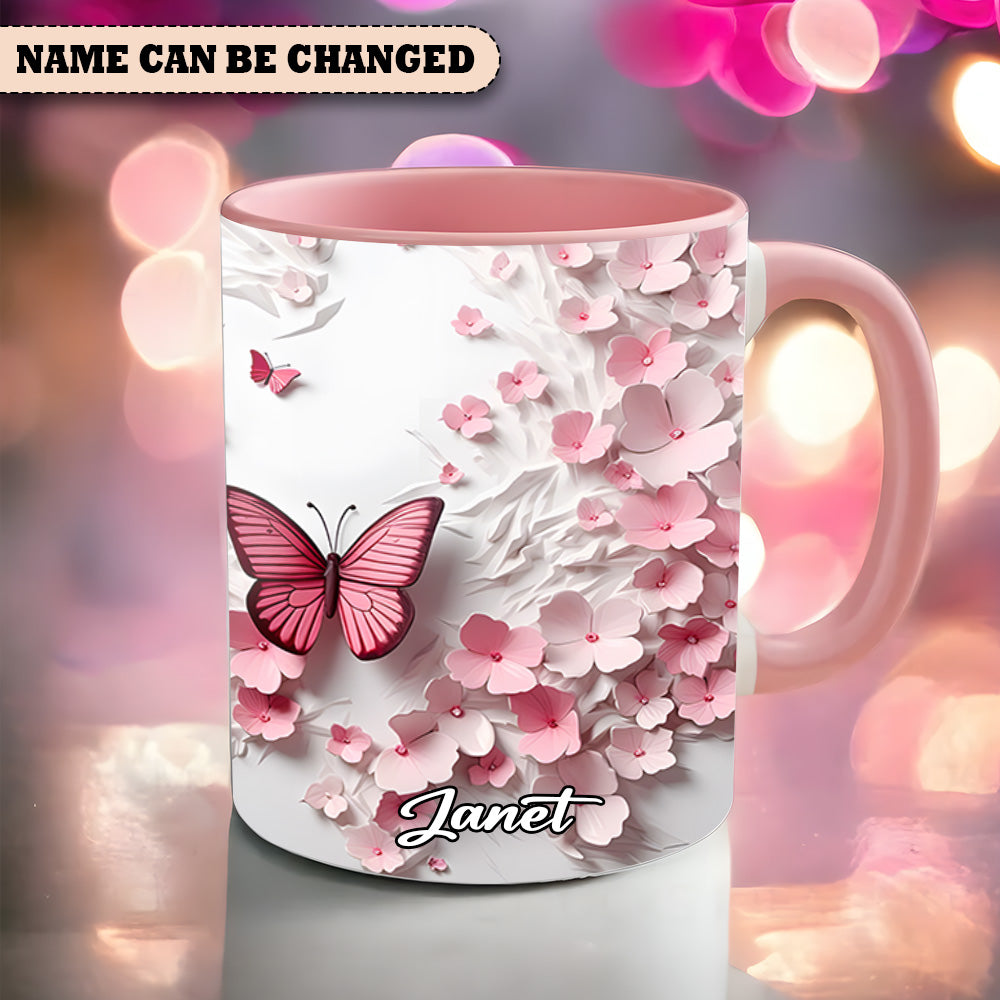 Pink Butterfly With Flowers - Personalized Butterfly Accent Mug - Image 3