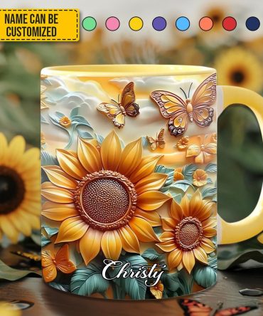 Sunflower With Butterflies - Personalized Sunflower Accent Mug