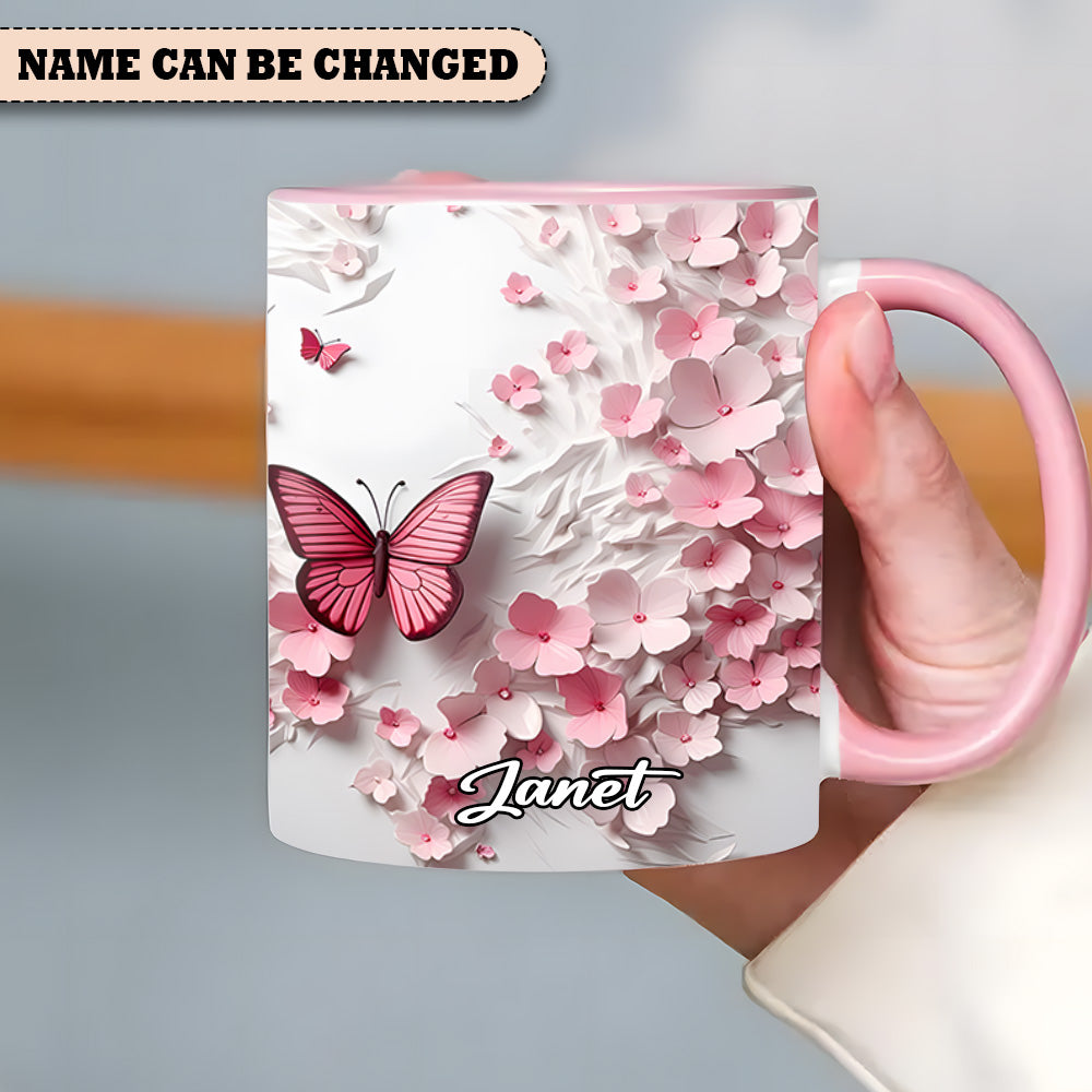 Pink Butterfly With Flowers - Personalized Butterfly Accent Mug - Image 4