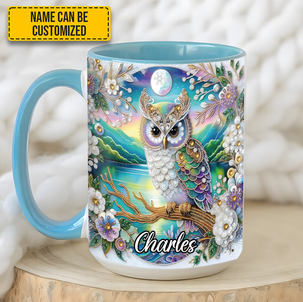 Owl Flower Pattern Diamond - Personalized Owl Accent Mug - Image 3