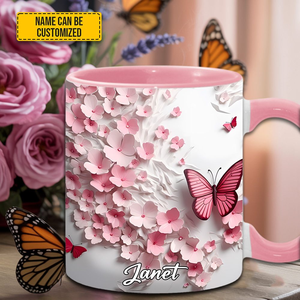 Pink Butterfly With Flowers - Personalized Butterfly Accent Mug - Image 5