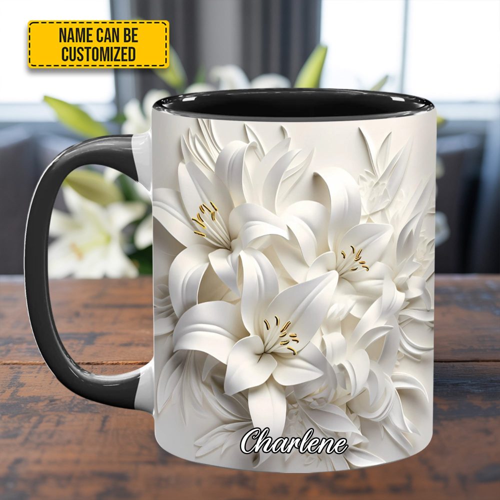 White Lilies Flowers - Personalized Flower Accent Mug - Image 3
