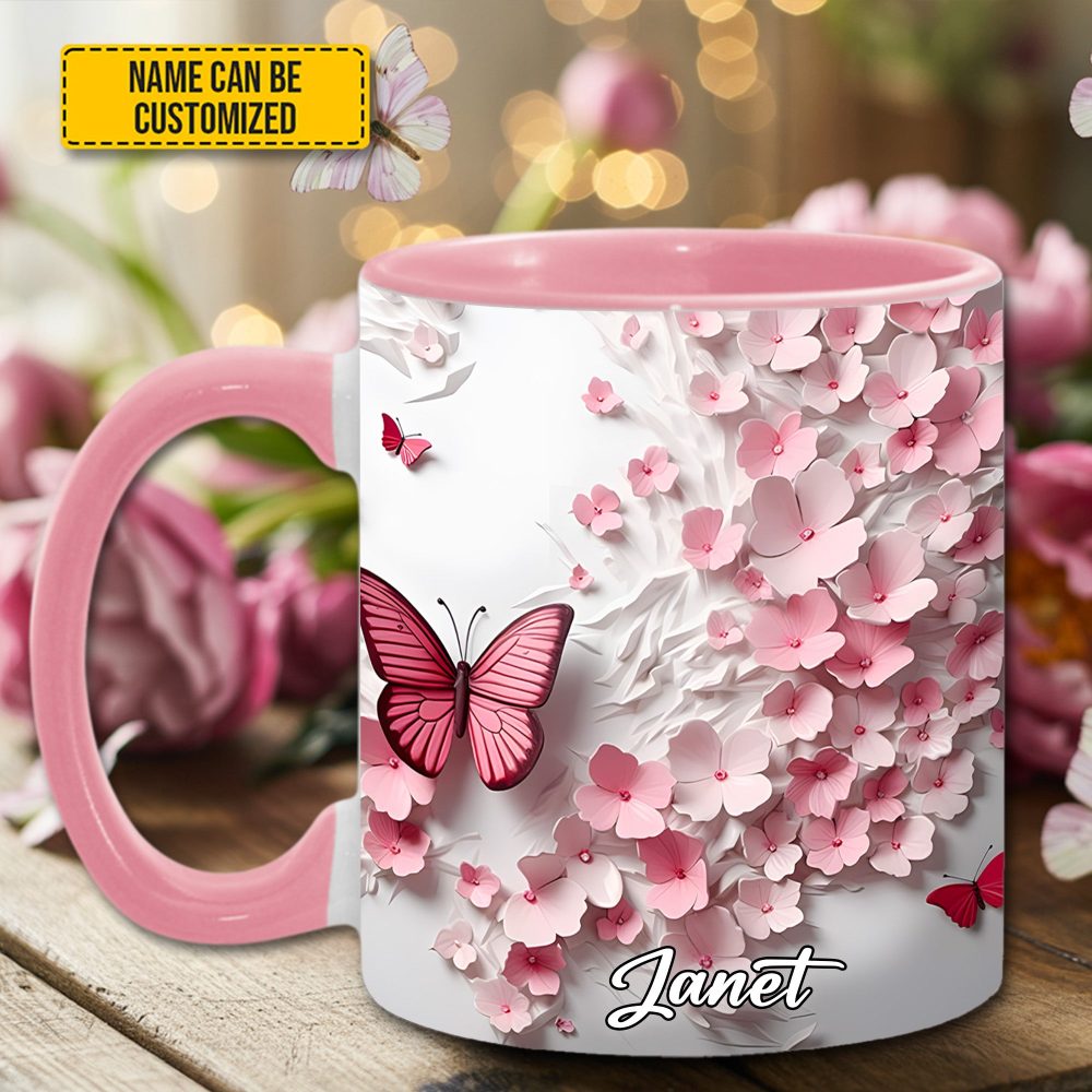 Pink Butterfly With Flowers - Personalized Butterfly Accent Mug - Image 2