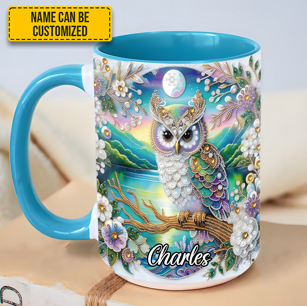 Owl Flower Pattern Diamond - Personalized Owl Accent Mug - Image 2