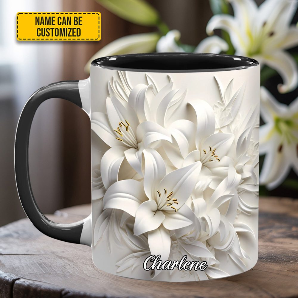White Lilies Flowers - Personalized Flower Accent Mug