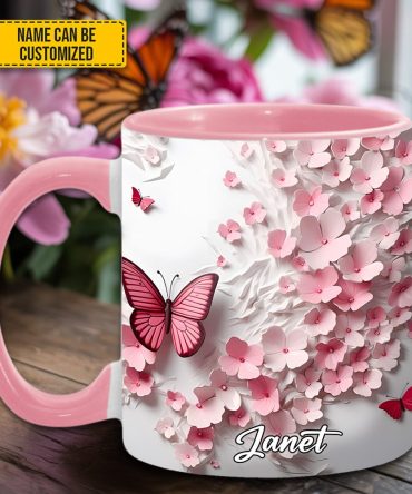 Pink Butterfly With Flowers - Personalized Butterfly Accent Mug