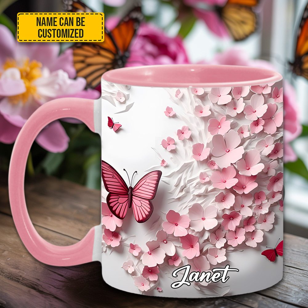Pink Butterfly With Flowers - Personalized Butterfly Accent Mug