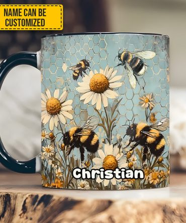 Vintage Garden Bee Floral Daisy  - Personalized Bee Accent Mug