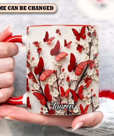 Red White Butterfly Flowers Accent Mug - Personalized  Accent Mug