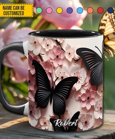 Butterfly And Flowers - Personalized Butterfly Accent Mug