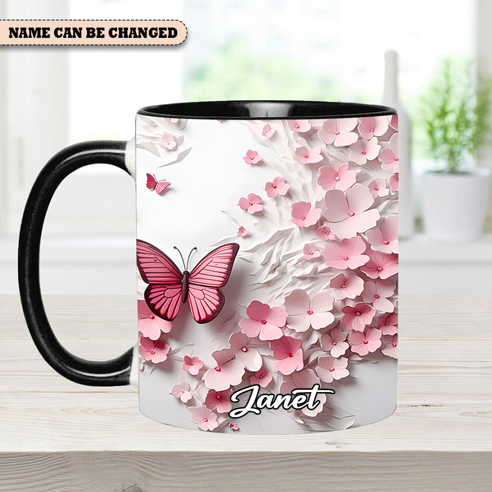 Pink Butterfly With Flowers - Personalized Butterfly Accent Mug - Image 11