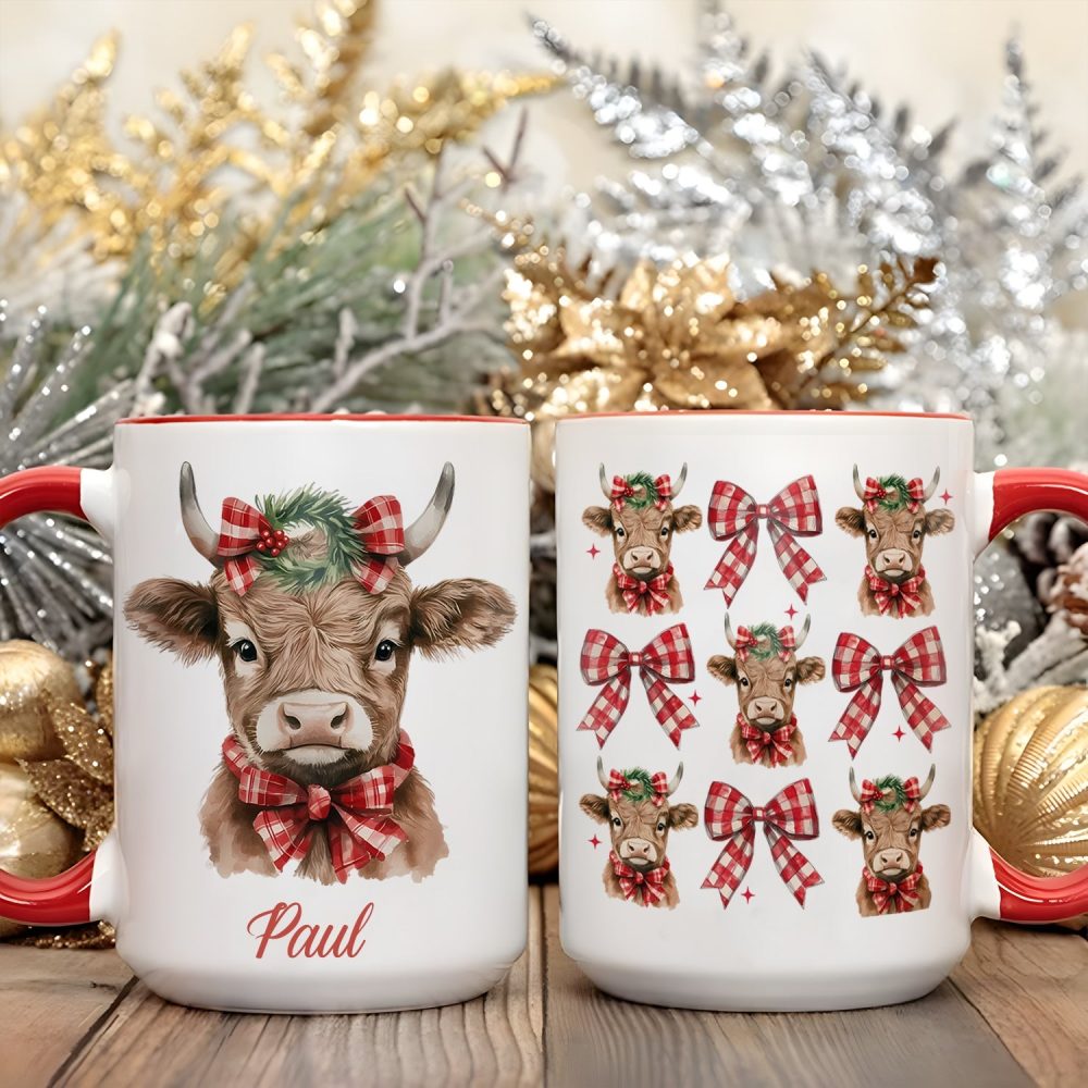 Personalized Christmas Cow Accent Mug With Plaid Bows - Image 2