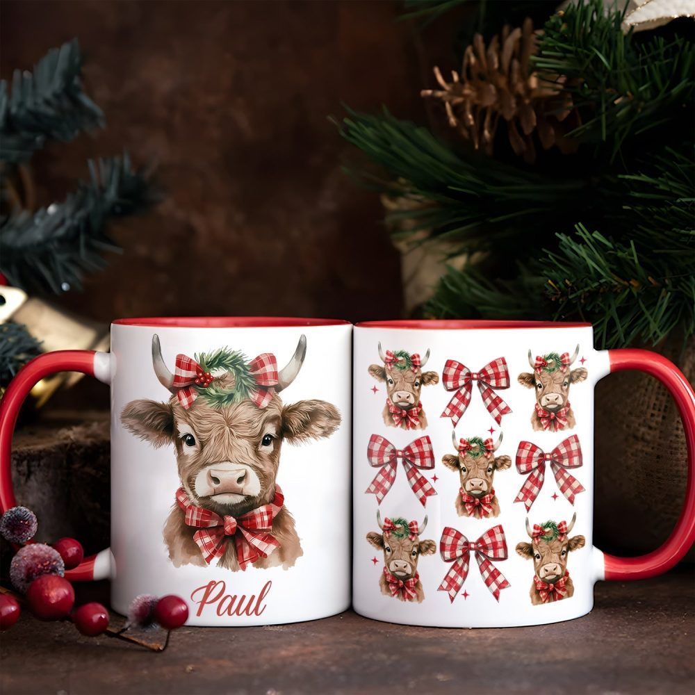 Personalized Christmas Cow Accent Mug With Plaid Bows - Image 3