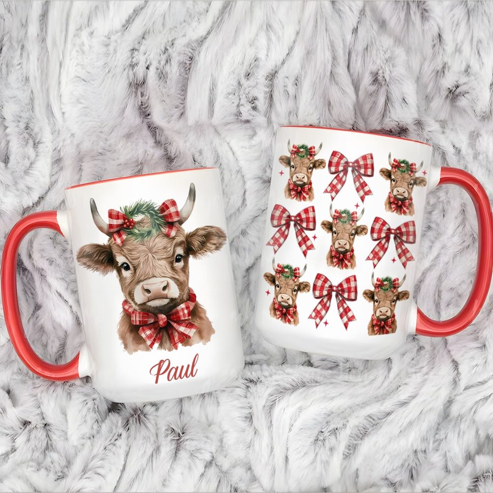 Personalized Christmas Cow Accent Mug With Plaid Bows - Image 5