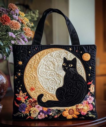 Moonlit Cat Quilted Tote Bag