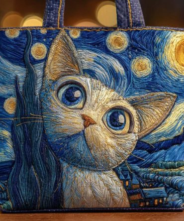 Moonlit Curiosity Cat Quilted Tote Bag