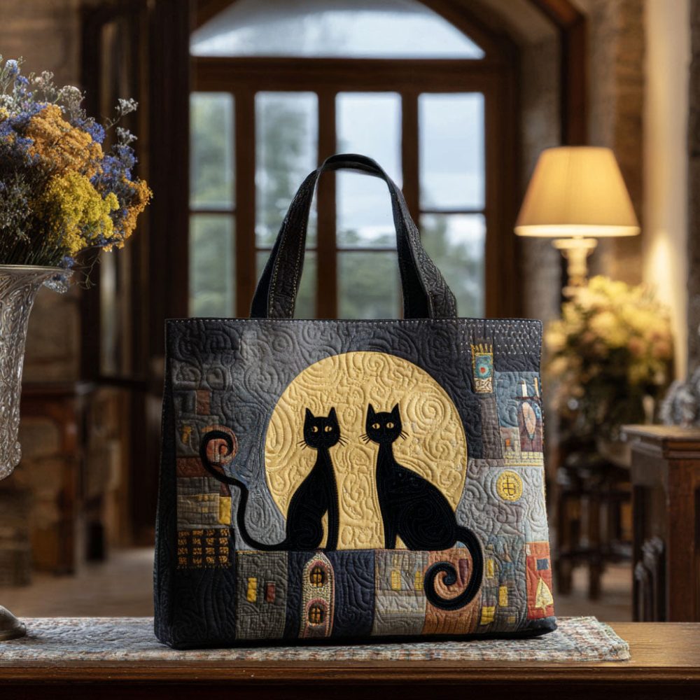 Moonlit Meow Quilted Tote Bag