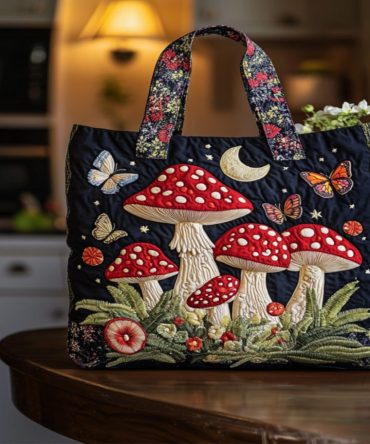 Moonlit Mushrooms Quilted Tote Bag