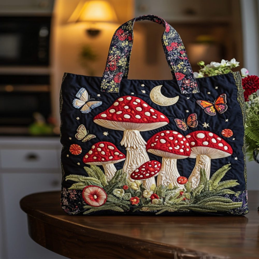 Moonlit Mushrooms Quilted Tote Bag