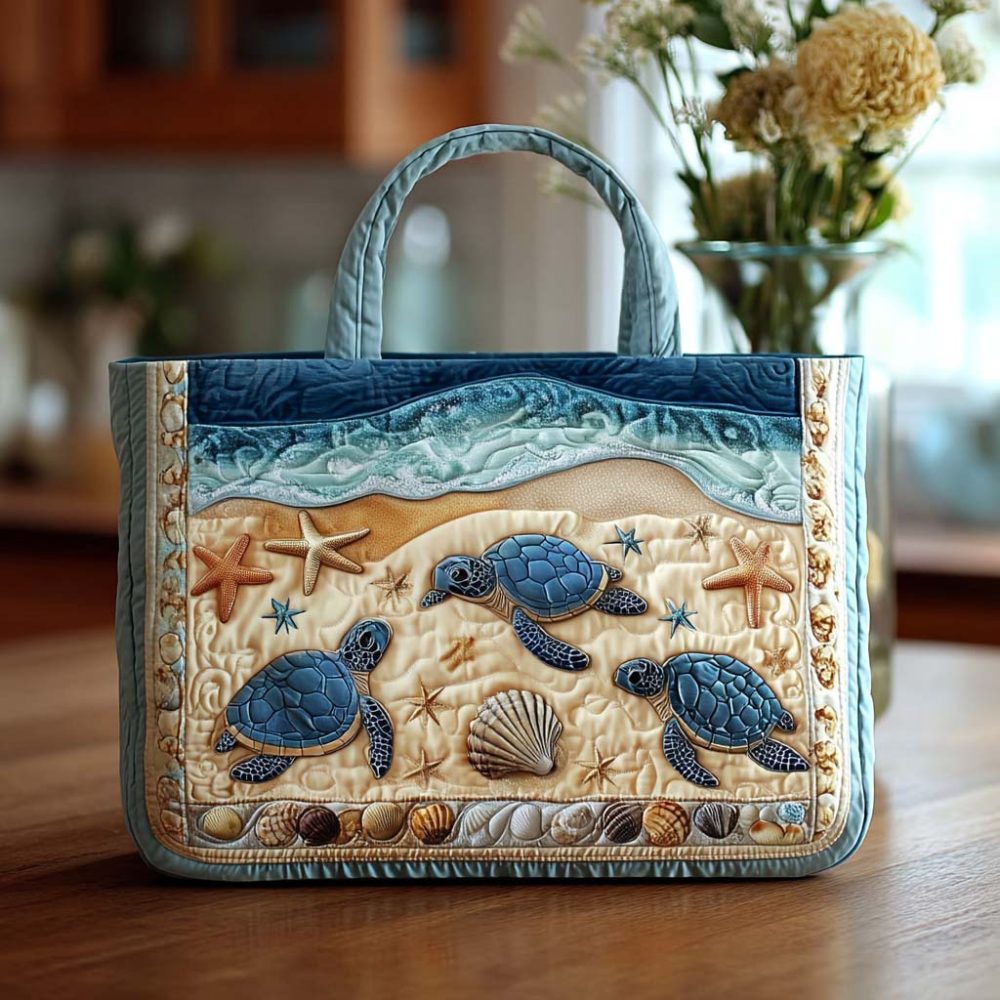 Ocean Turtle Bloom Quilted Tote Bag