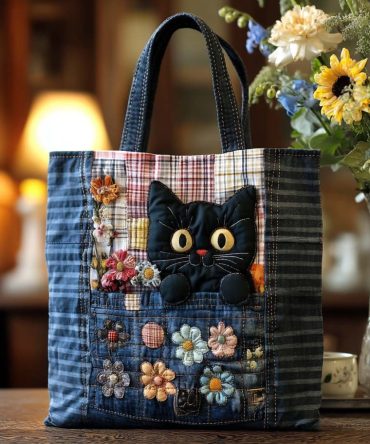 Patchwork Kitty Quilted Tote Bag