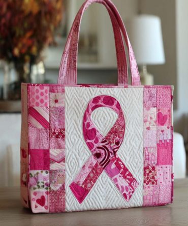 Patchwork Pink Ribbon Quilted Tote Bag