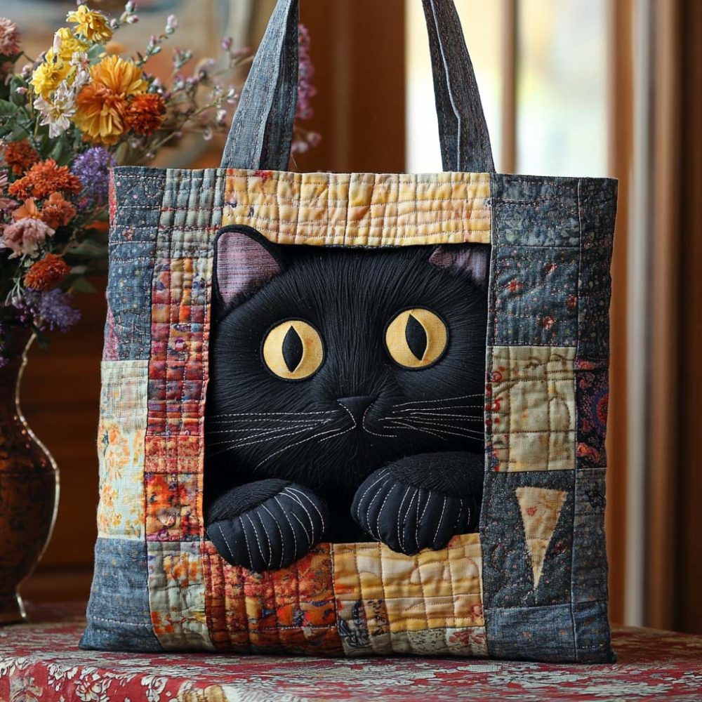 Peek Cat Quilted Tote Bag