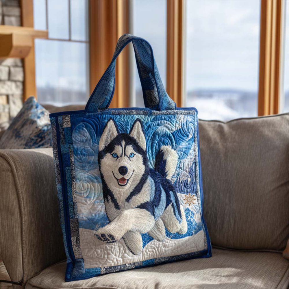 Playful Husky Quilted Tote Bag