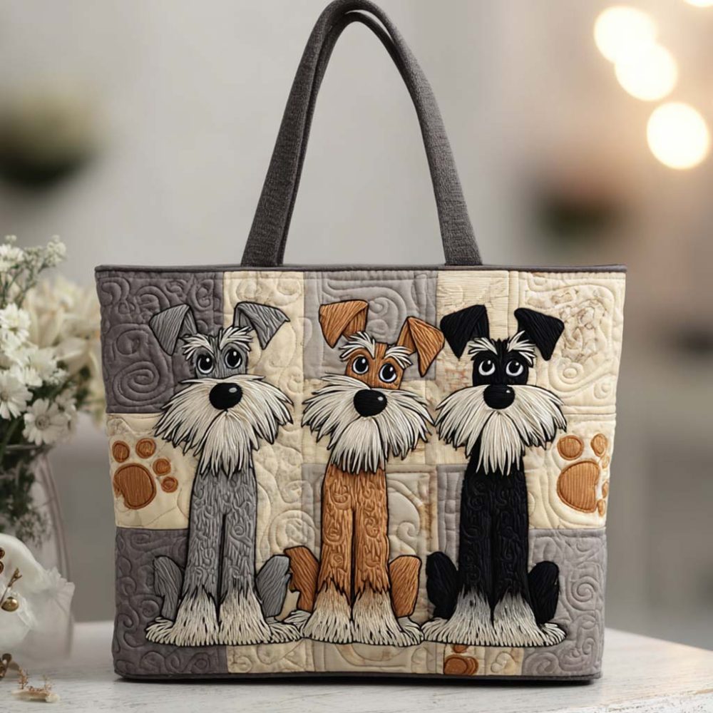 Playful Schnauzer Trio Quilted Tote Bag