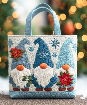 Poinsettia Frost Gnome Quilted Tote Bag