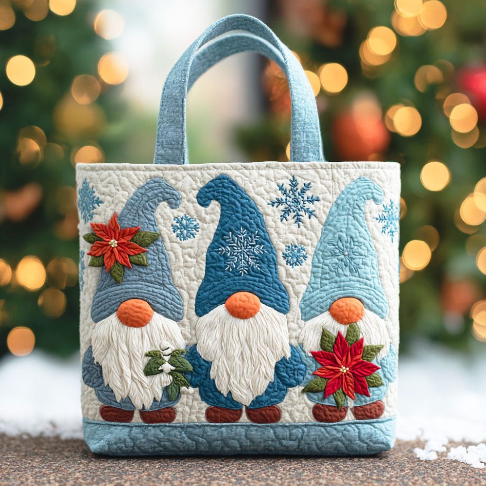 Poinsettia Frost Gnome Quilted Tote Bag