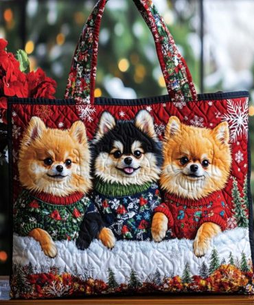 Pomeranian Trio Quilted Tote Bag